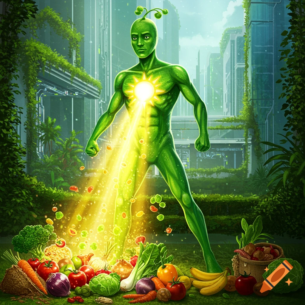 A green, humanoid hero with a glowing sun on his chest, beams light onto fresh vegetables in a lush, futuristic city. Digital art.