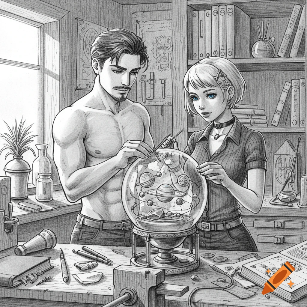 A man and a woman in a detailed black and white pencil sketch working on an intricate crystal sphere device containing planets in a cozy workshop.