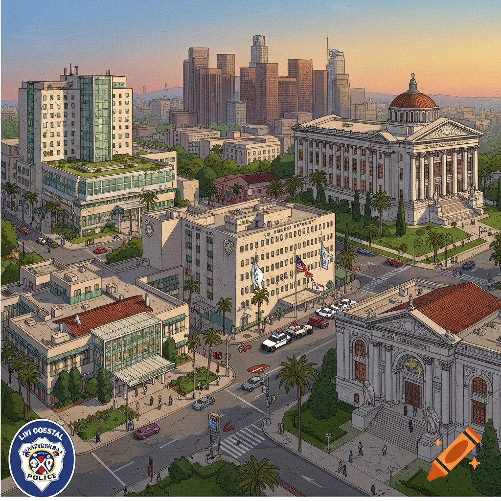An isometric cartoon illustration of a city block with multiple government buildings, including a police station, courthouse, and modern buildings, all under a clear sky.