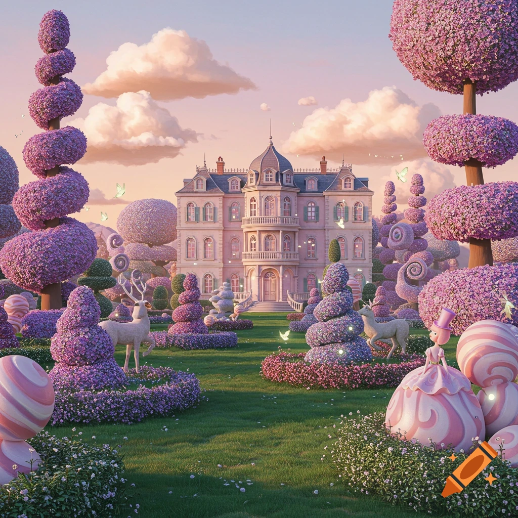 A whimsical pink mansion in a fantasy garden with spiral trees, deer, and candy elements under a pink sky.
