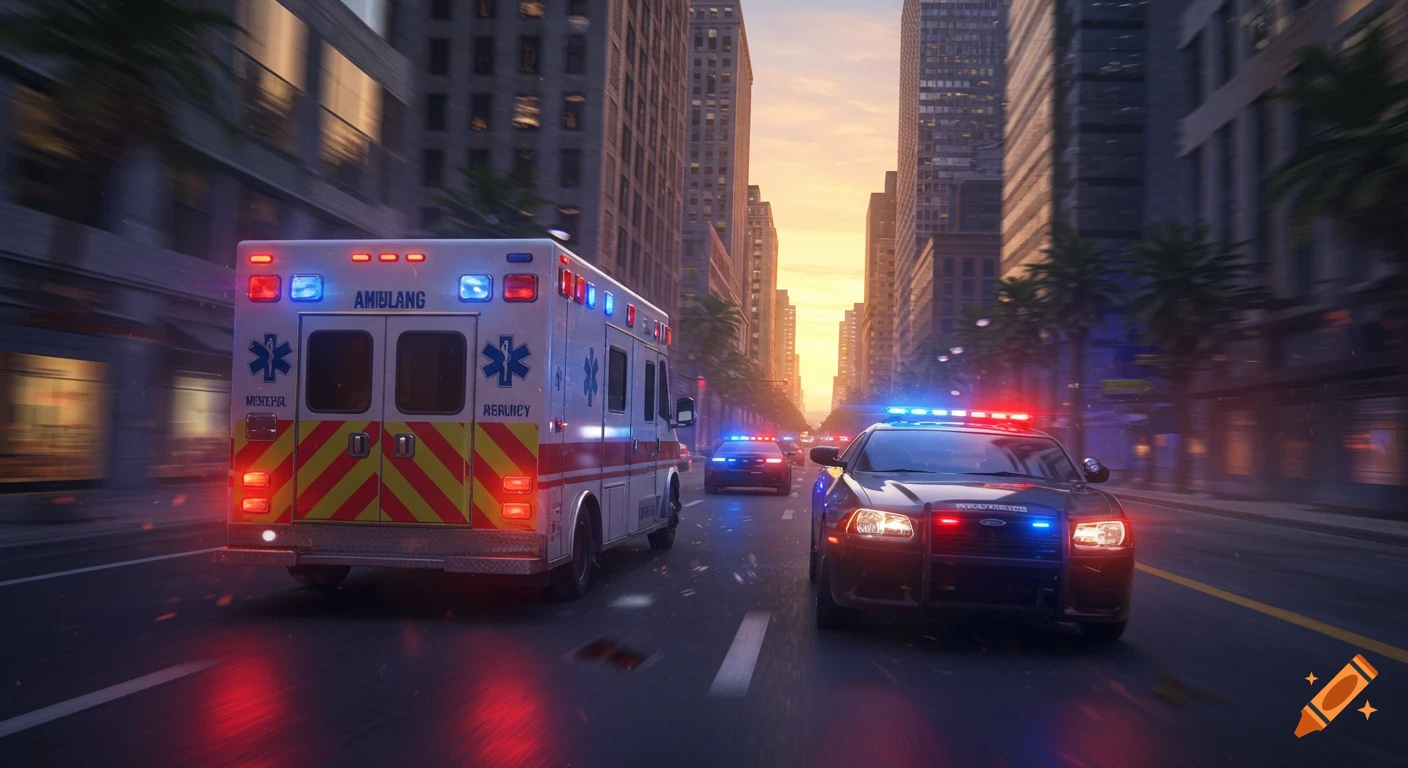 An ambulance and police cars with flashing lights drive down a city street at sunset, photorealistic.