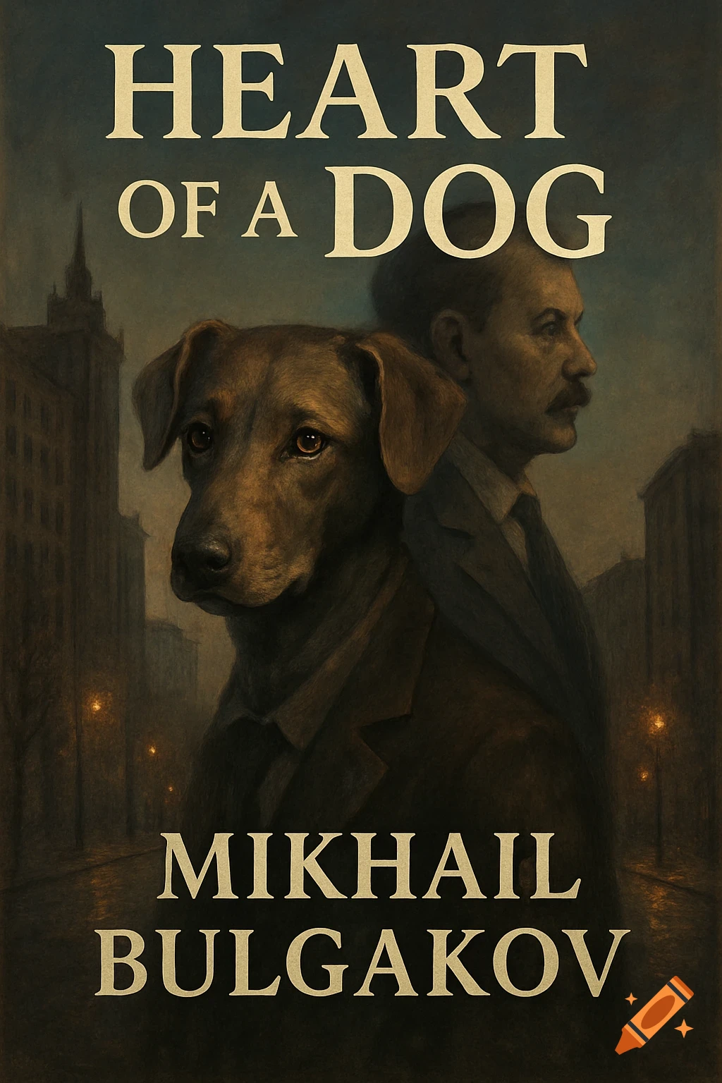 Book cover illustration: a serious brown dog in a suit next to a man, against a dark city. Text: HEART OF A DOG, MIKHAIL BULGAKOV.