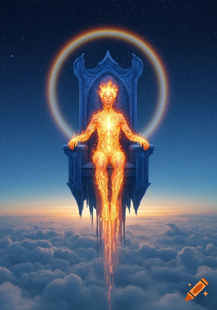A glowing fiery humanoid figure sits on an ornate dark throne above clouds, under a starry sky with a rainbow halo.