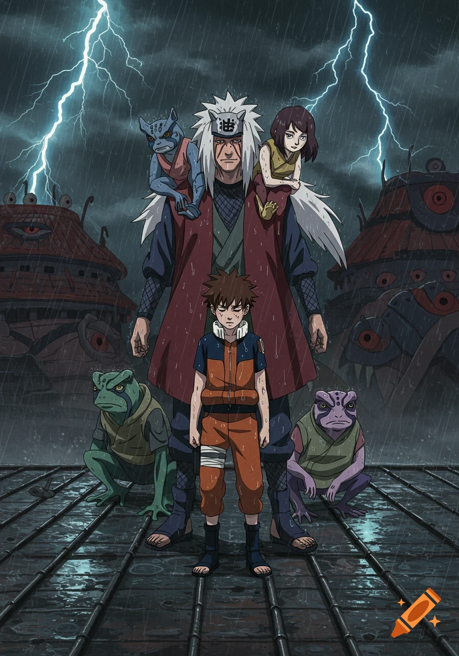 Jiraiya, a young ninja, and two toad sages stand dramatically in the pouring rain with lightning striking overhead, in a cel-shaded anime style.