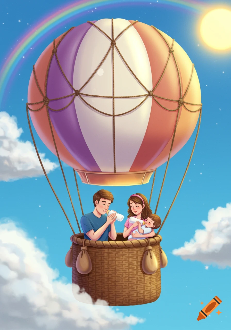 Cartoon illustration of a family in a hot air balloon, with parents feeding babies under a rainbow and sun.