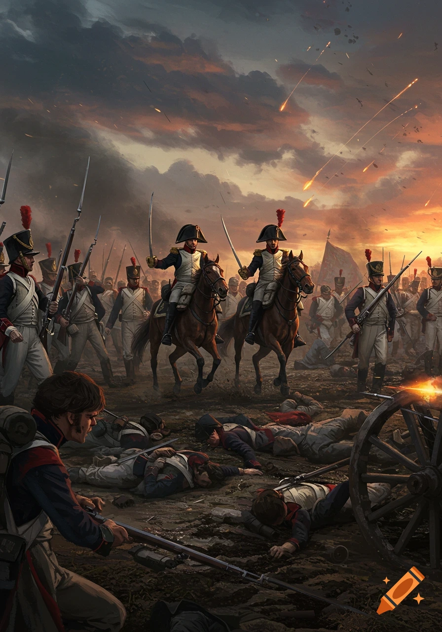 A dramatic digital painting of a Napoleonic Wars battle, featuring soldiers on horseback and foot, amidst fallen comrades under a fiery, smoke-filled sky.