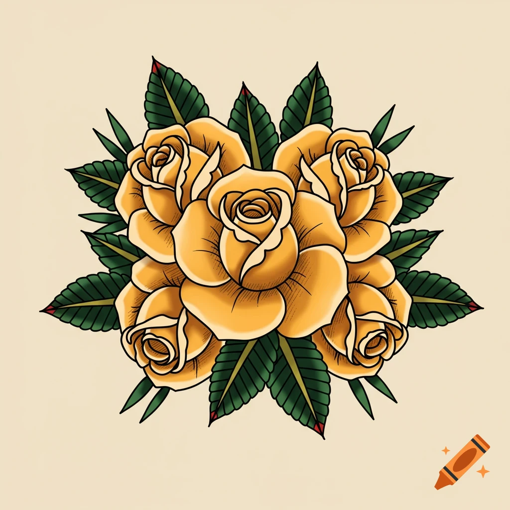 A bouquet of yellow roses with green leaves in American traditional tattoo art style on a plain background.