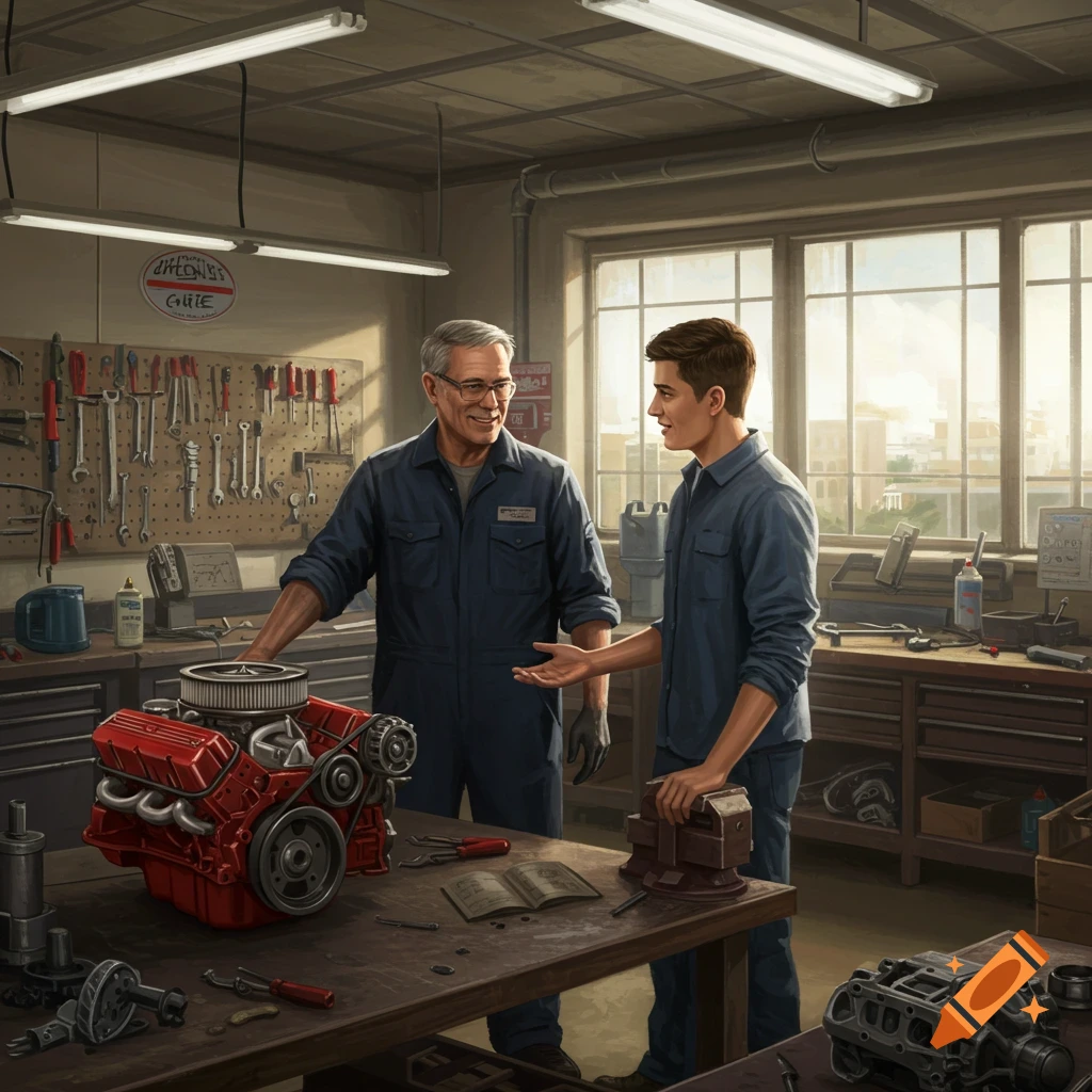 An older mechanic explains a red car engine to a younger student in a busy workshop, tools hanging on the wall.