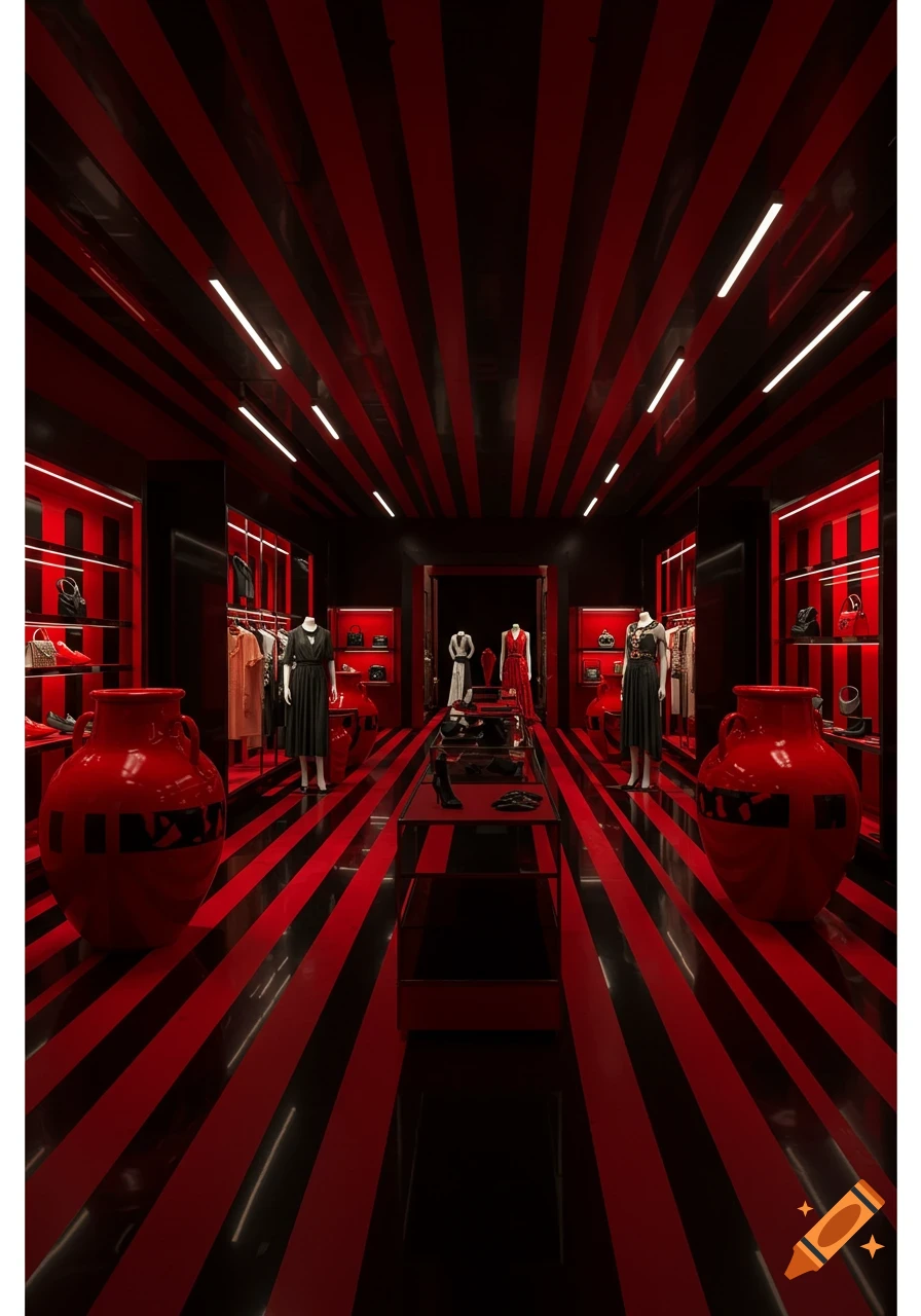 A striking red and black striped clothing store interior with mannequins, clothing racks, and large red amphoras.