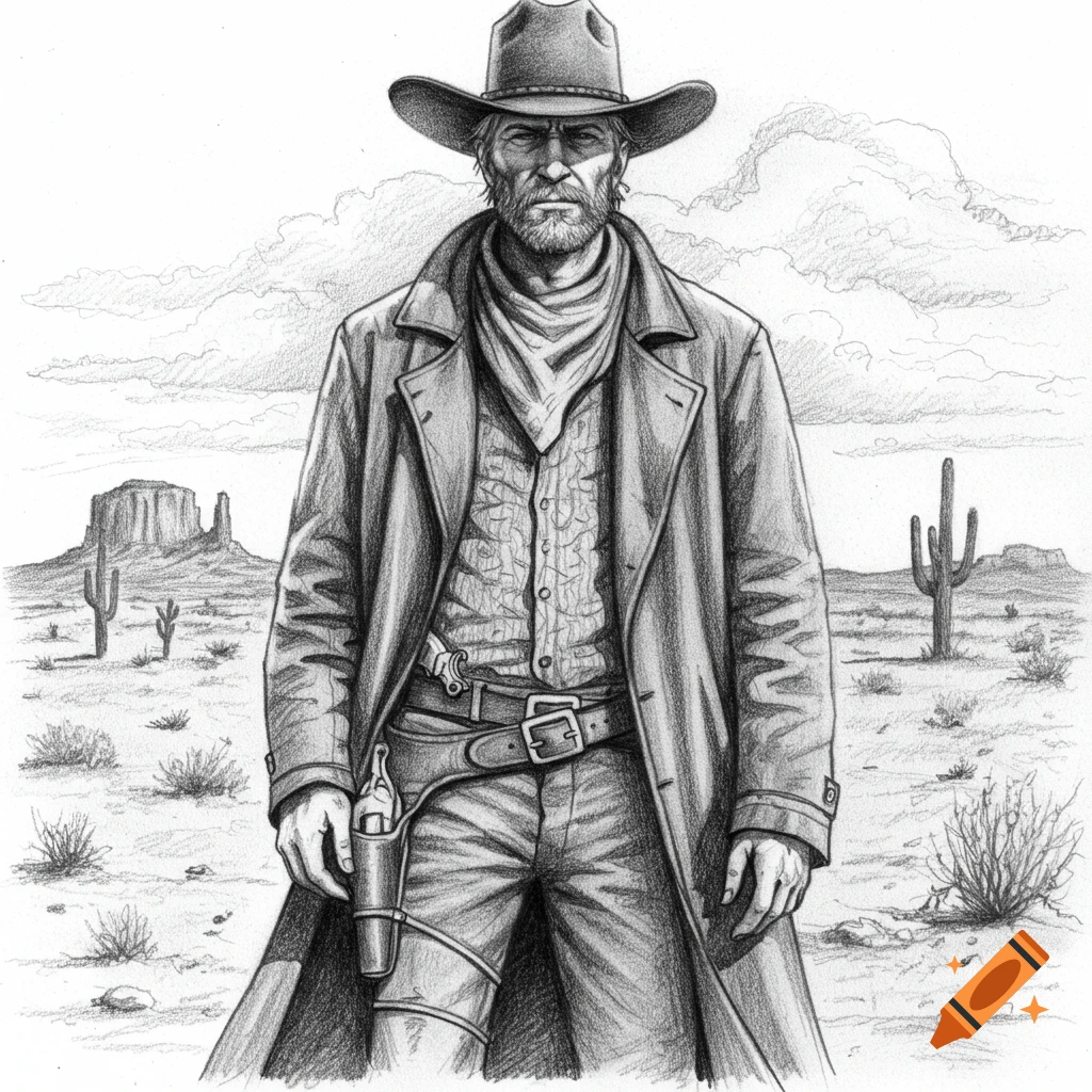 A detailed graphite drawing of a rugged cowboy in a duster coat and hat, standing in a desert landscape with cacti and mesas.