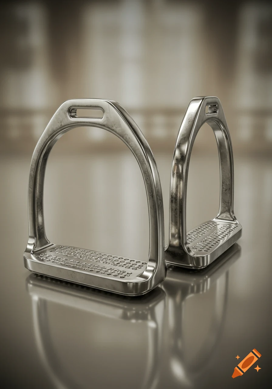 Two shiny silver horse stirrups with textured footrests stand on a reflective surface against a blurred background, photorealistic style.