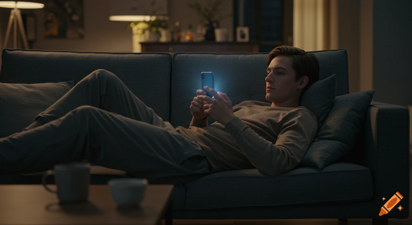 Young man lying on a sofa, looking at his glowing smartphone in a dimly lit, cozy living room. Realistic cinematic photography.
