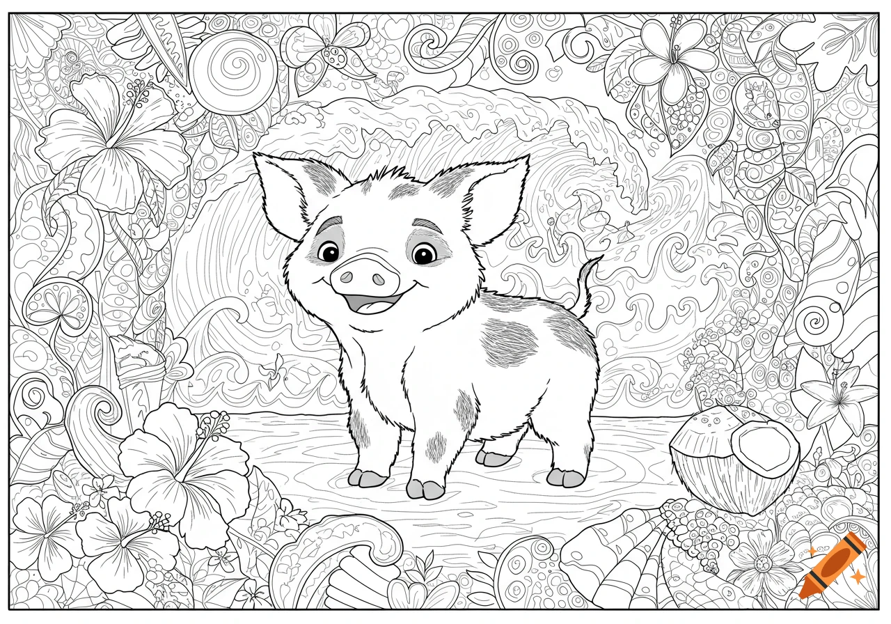 A black and white coloring page of a smiling cartoon pig standing among tropical flowers, waves, and a coconut.