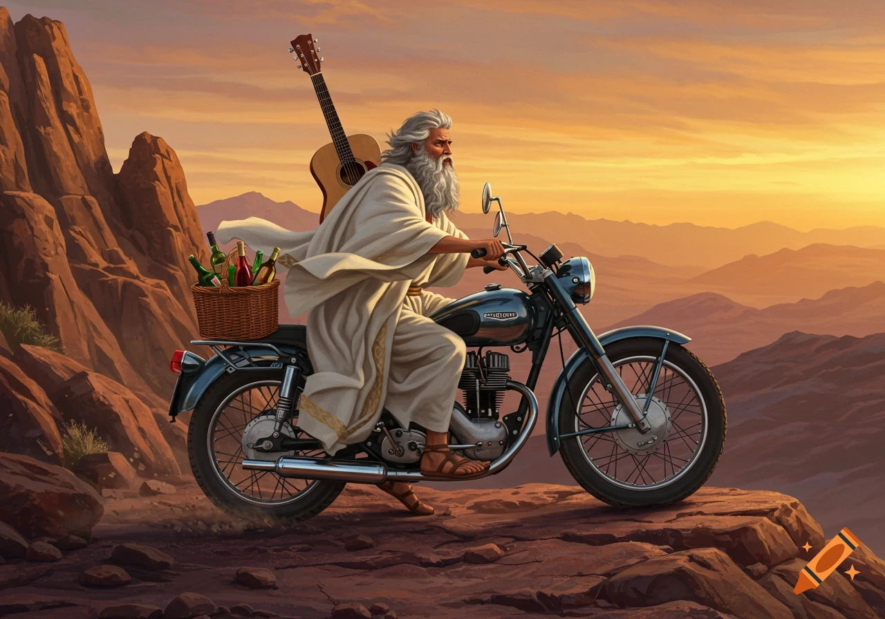 A long-bearded man in a white robe rides a vintage motorcycle through a desert at sunset, with a guitar and wine.