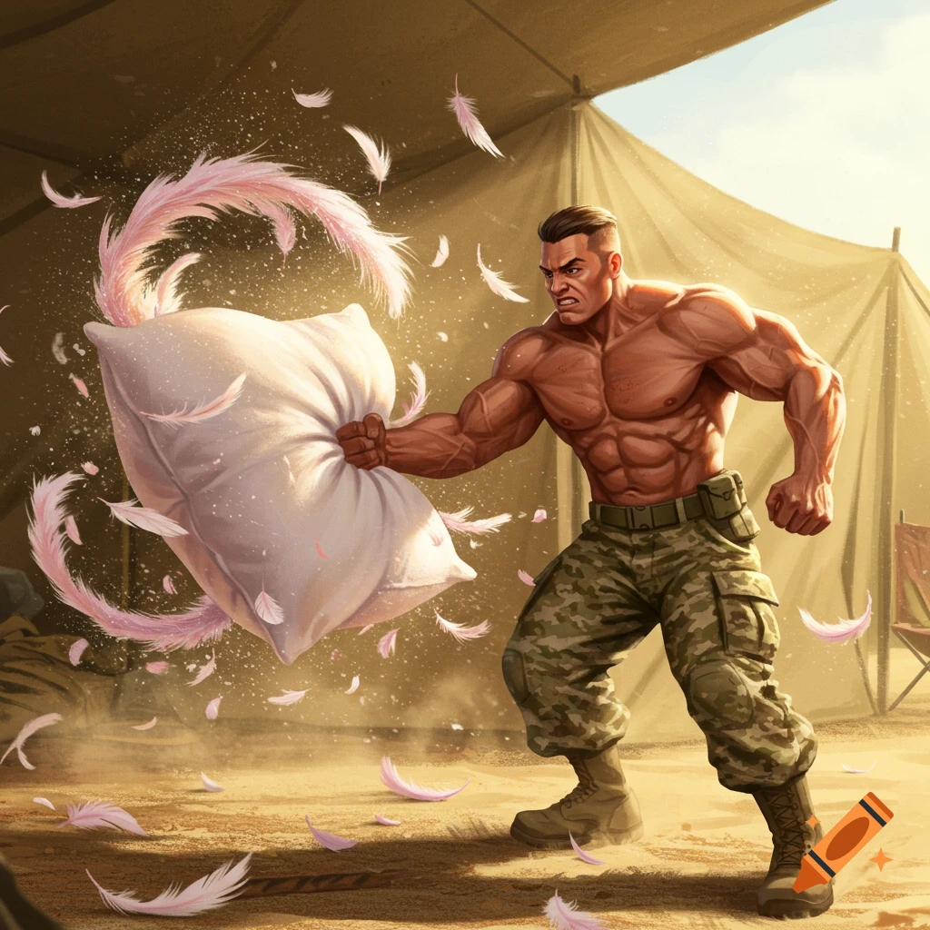 Muscular army man in camo pants aggressively punches a pillow, scattering pink feathers inside a tent. Stylized action illustration.