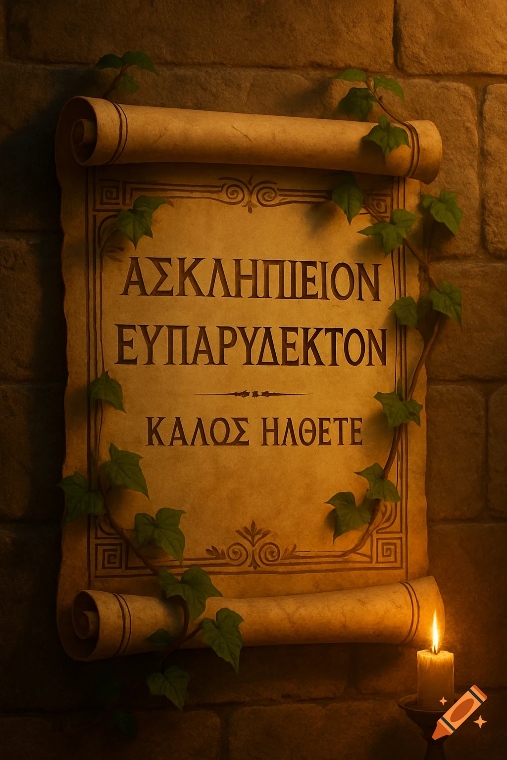 An antique scroll with Greek text, ivy, and a lit candle, hanging on a stone wall in a dimly lit setting.