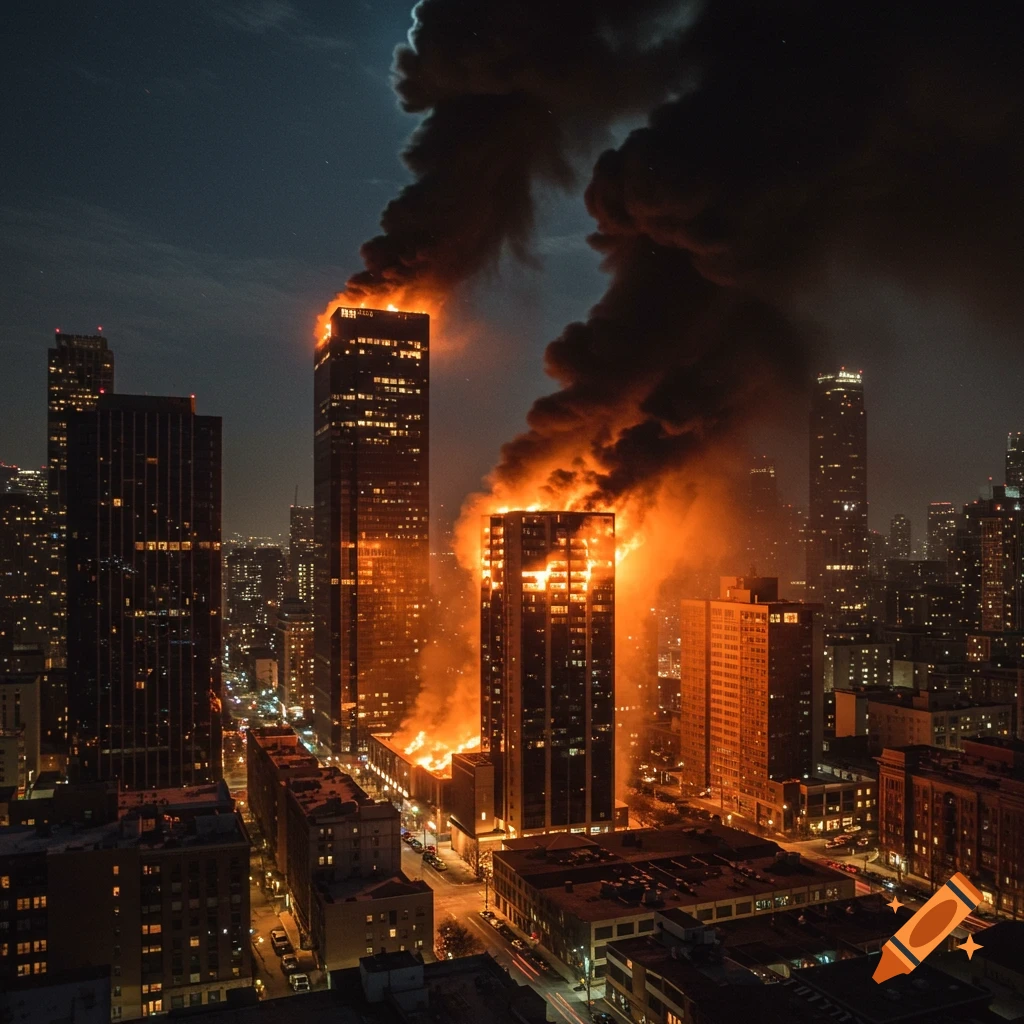Photorealistic aerial view of a city at night with multiple tall buildings engulfed in orange flames and dark smoke.