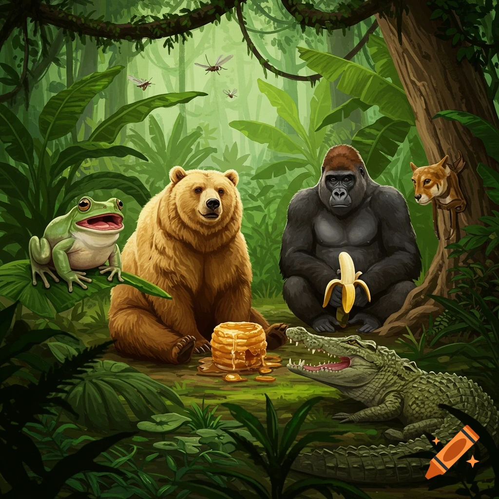 An illustrated jungle scene featuring a bear, gorilla, frog, and crocodile. The bear sits with pancakes and honey, the gorilla holds a banana, and a fox peeks from a tree.