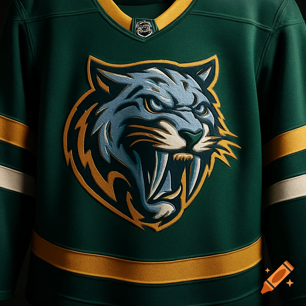 A photorealistic green hockey jersey with a fierce saber-tooth tiger logo on the chest, accented with gold and silver-blue details.