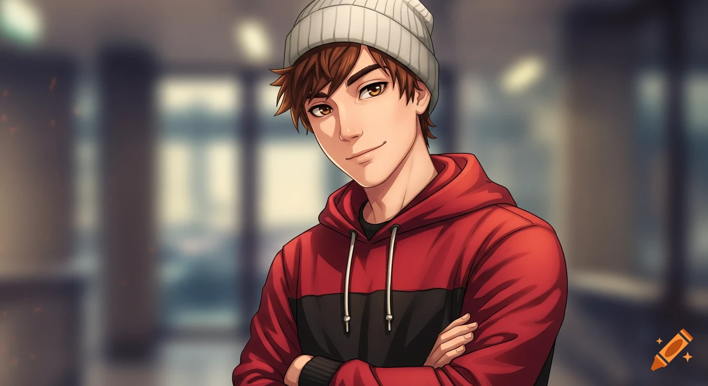 Anime style portrait of a young man with brown hair, brown eyes, wearing a white beanie and red and black hoodie, smirking with arms crossed against a blurred background.