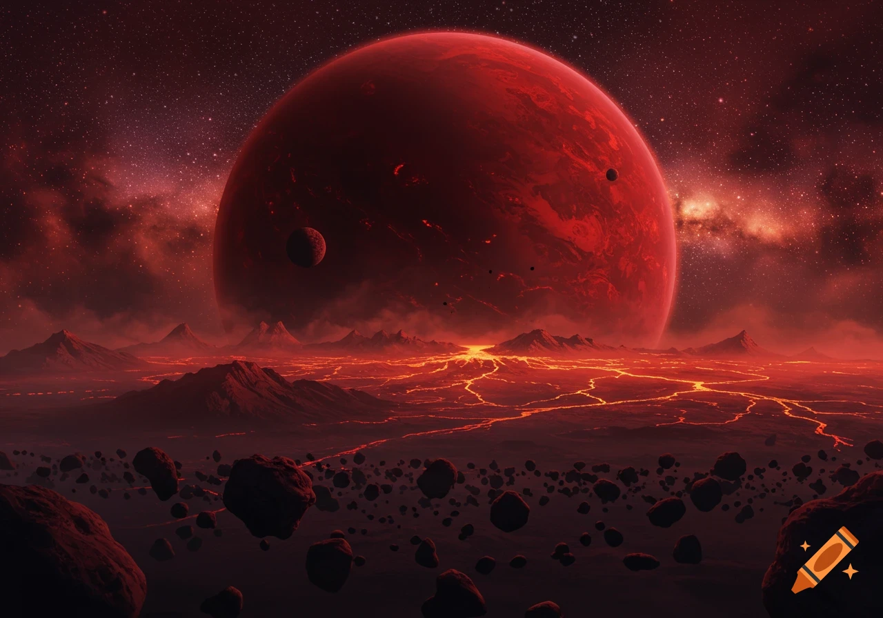 Vast alien landscape with glowing lava rivers, floating asteroids, and a massive crimson planet under a starry red sky.