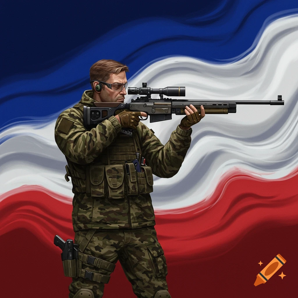 A soldier in camouflage holding a sniper rifle stands against a waving blue, white, and red flag.