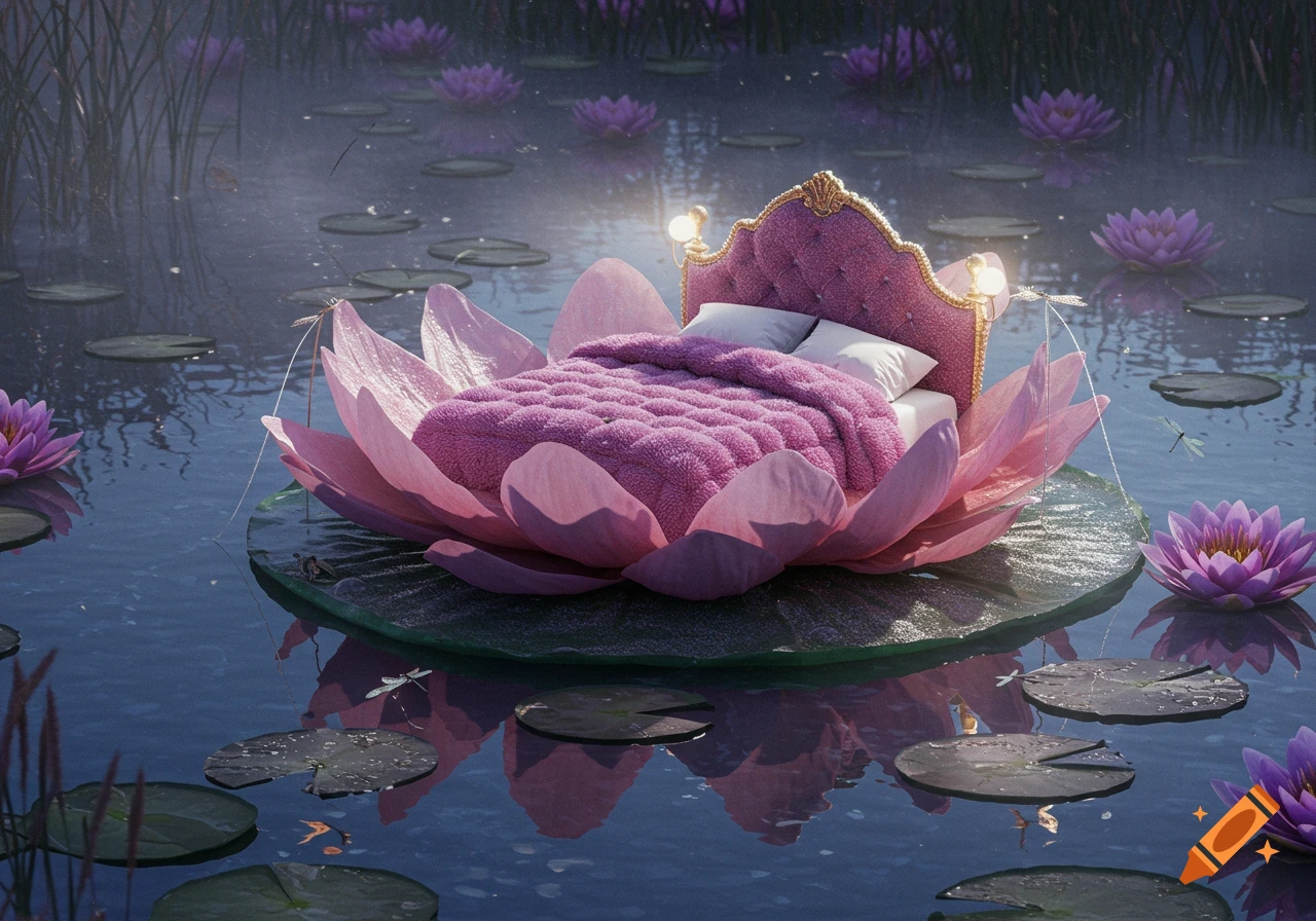 A pink lotus flower bed with a purple duvet floats on a misty pond surrounded by lily pads and purple water lilies.