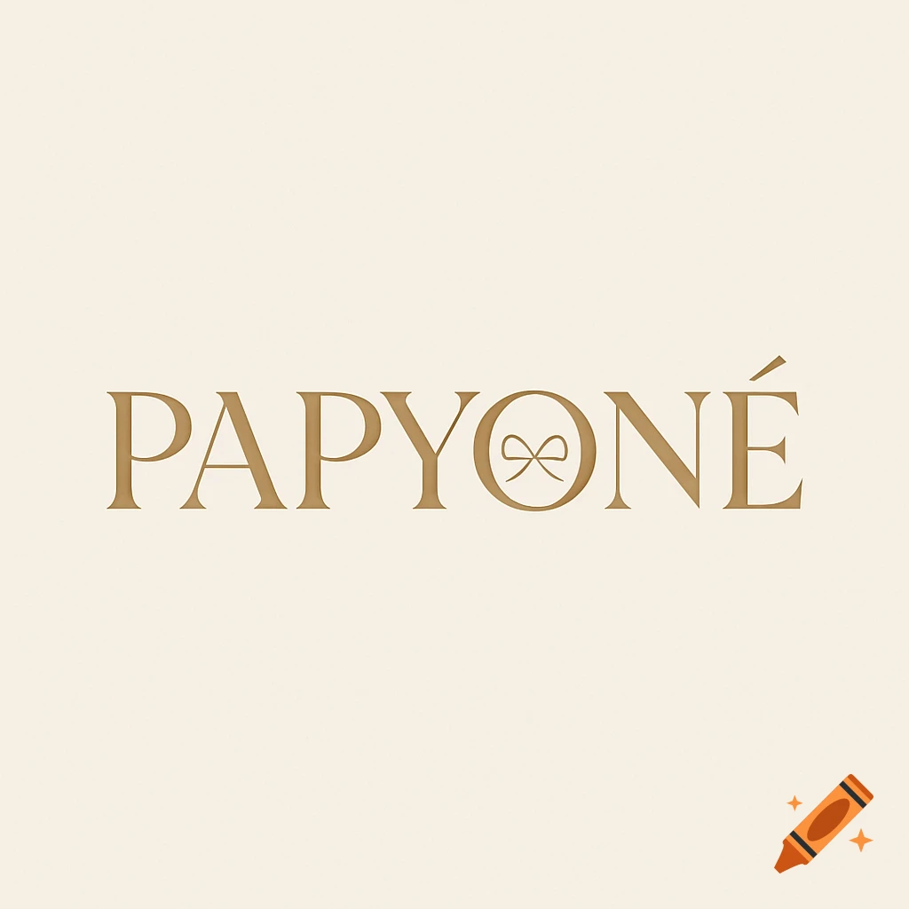 A minimalist logotype for 'PAPYONÉ' in gold on a cream background, with a delicate bow shape integrated into the letter 'O'.