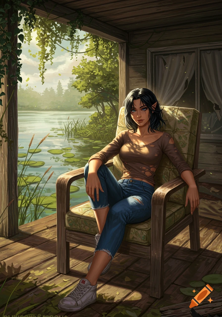 Fantasy illustration of an elf-like woman with black hair and blue eyes, wearing torn clothes, sitting on a ruined porch overlooking a lake.