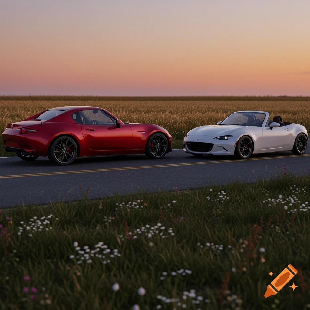 A red sports car and a white convertible on a rural road next to a field at sunset.