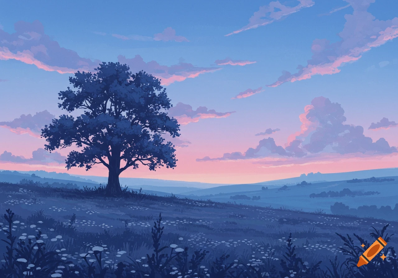 Stylized digital art of a solitary tree on a hill overlooking rolling fields under a vibrant pink and blue sunset sky.