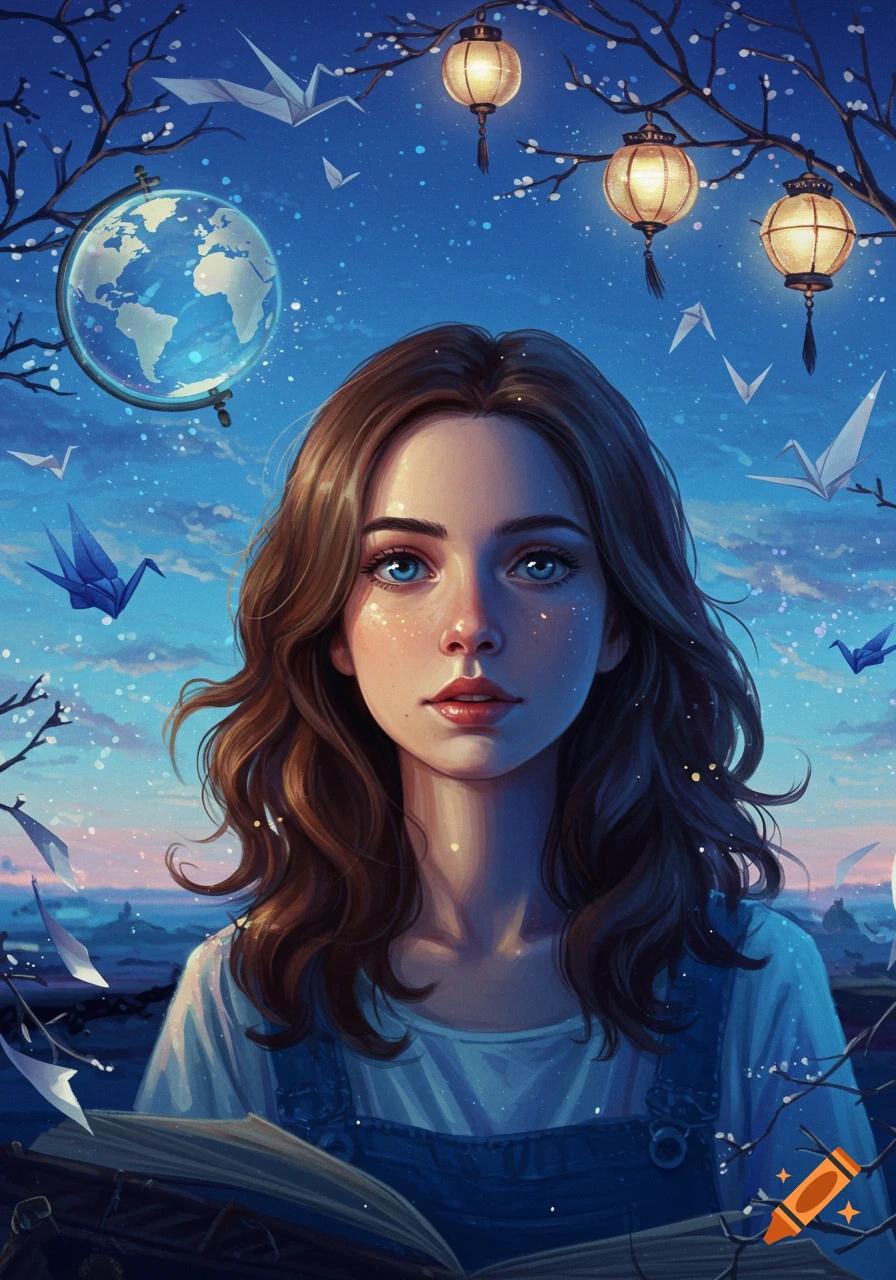 A dreamlike portrait of a young woman with blue eyes and brown hair, surrounded by glowing lanterns, a globe, and origami cranes against a starry blue sky.