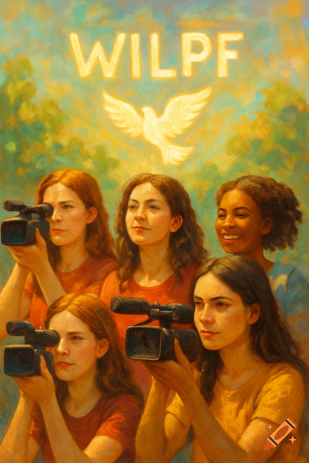 Five young women holding video cameras, with the word 'WILPF' and a dove symbol above them, in a painterly style.