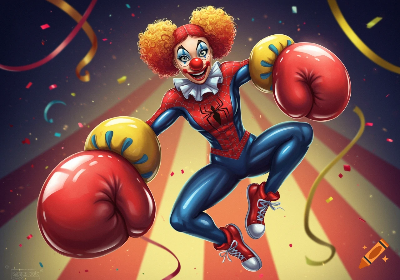 A vibrant illustration of a Spider-Girl clown with curly hair, wearing a clown nose, frilly collar, and oversized red boxing gloves, jumping amidst confetti.