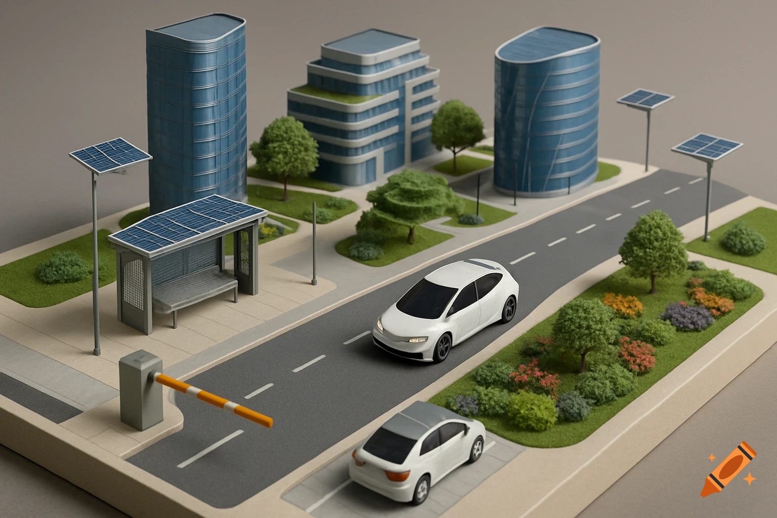 A detailed miniature model of a smart city, featuring modern architecture, electric cars, solar streetlights, and green parks.