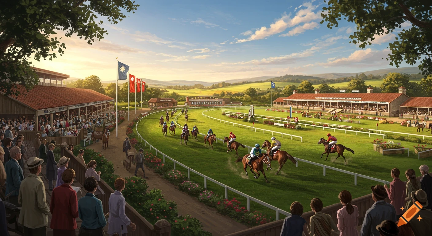 A beautiful oil painting depicts a horse race in a lush green countryside, with spectators in grandstands and a sunset sky.