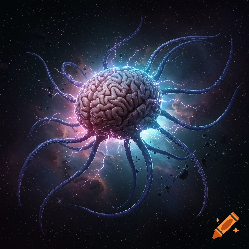 A stylized brain with glowing blue and pink lightning tentacles floating in deep space amidst nebulae and stars.
