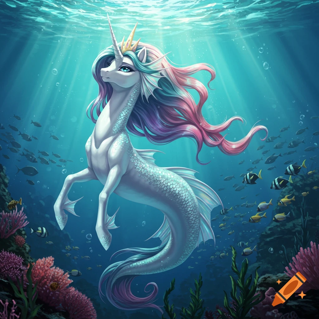 A majestic crowned mer-unicorn with pink and blue hair swims in a vibrant underwater coral reef surrounded by fish.
