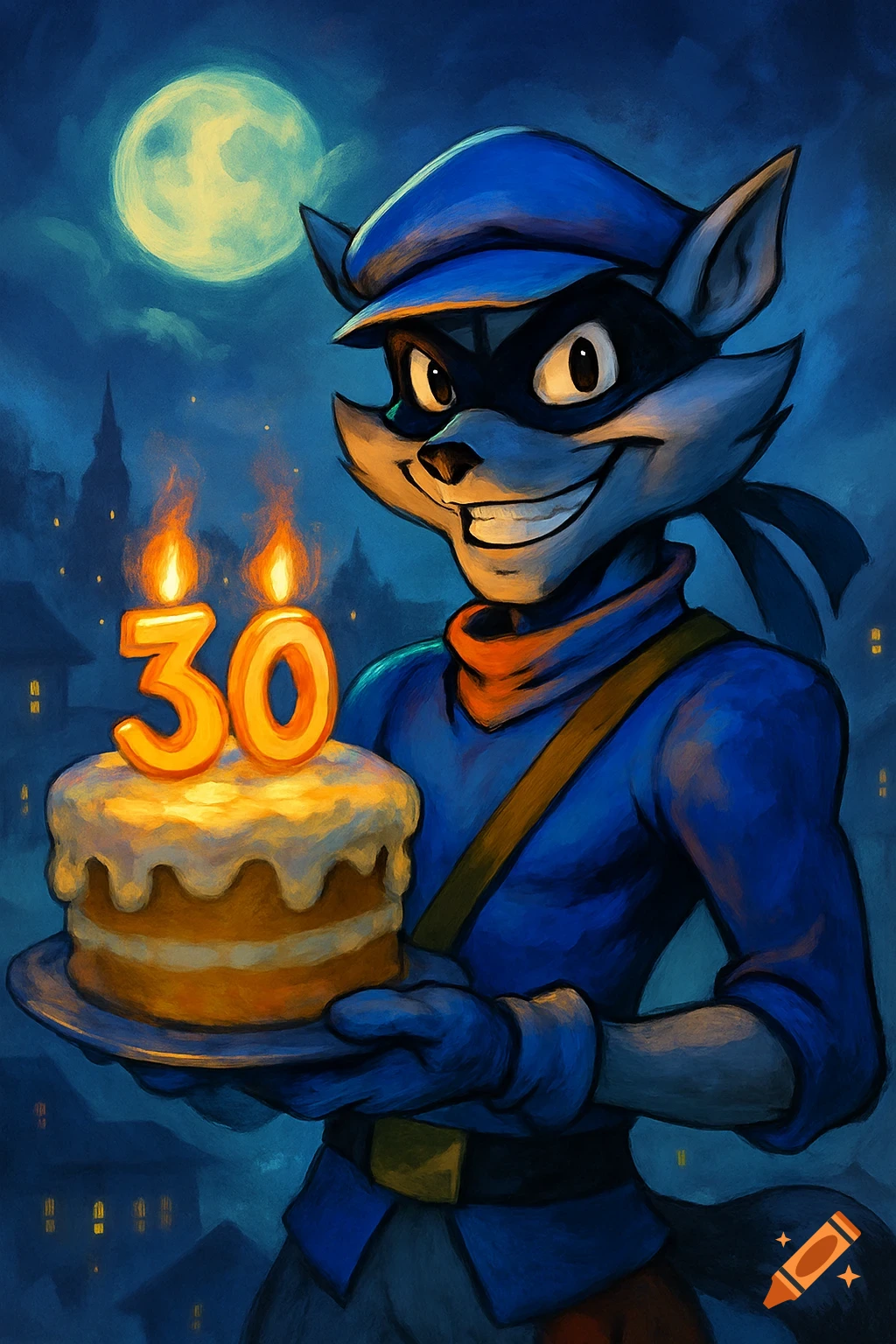 Sly Cooper, a cartoon raccoon character, holds a birthday cake with '30' candles under a full moon in a painted style.