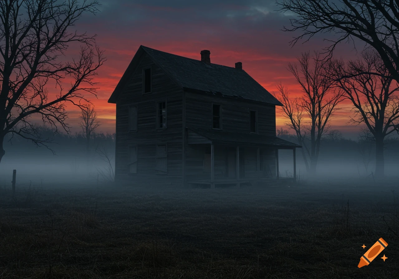 A dark, realistic photograph of an old, isolated farmhouse at dusk, shrouded in mist, with an ominous red sky.