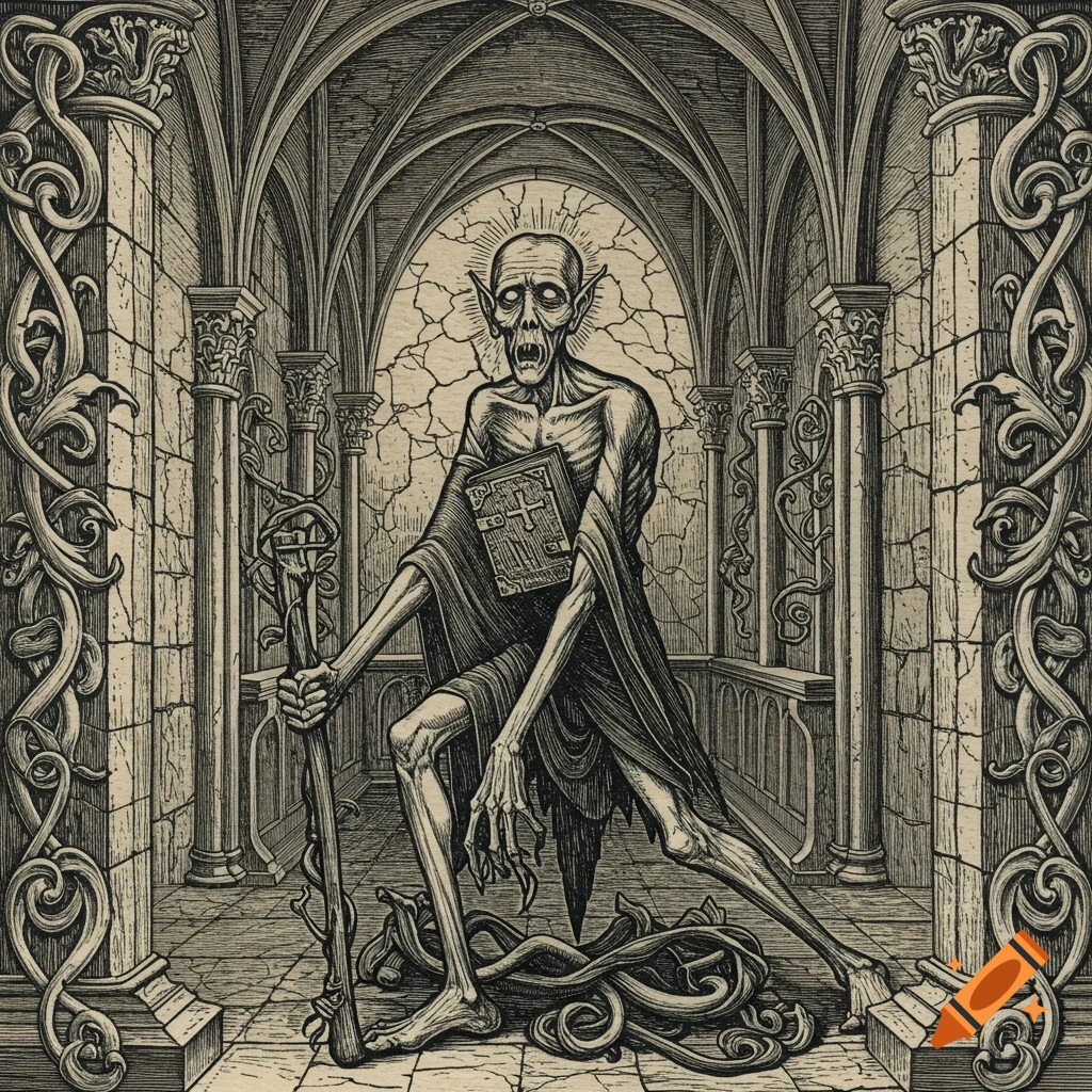 A gaunt, skeletal creature with pointed ears holds a staff and a book in a dark, ornate gothic hall, rendered in a detailed woodcut style.
