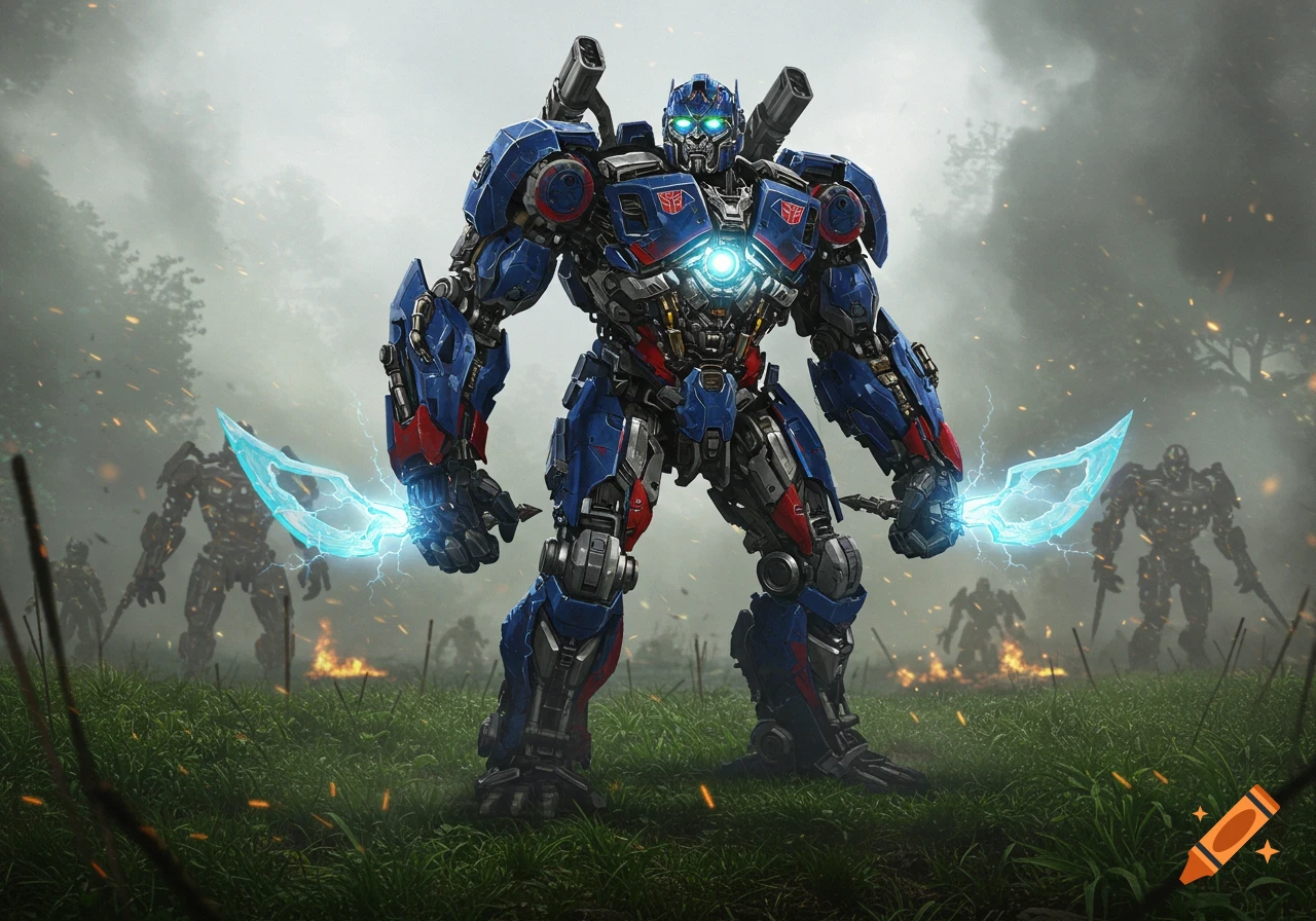 A detailed, photorealistic image of a blue and red robot resembling Optimus Prime, holding glowing energy blades in a misty field with other robots.