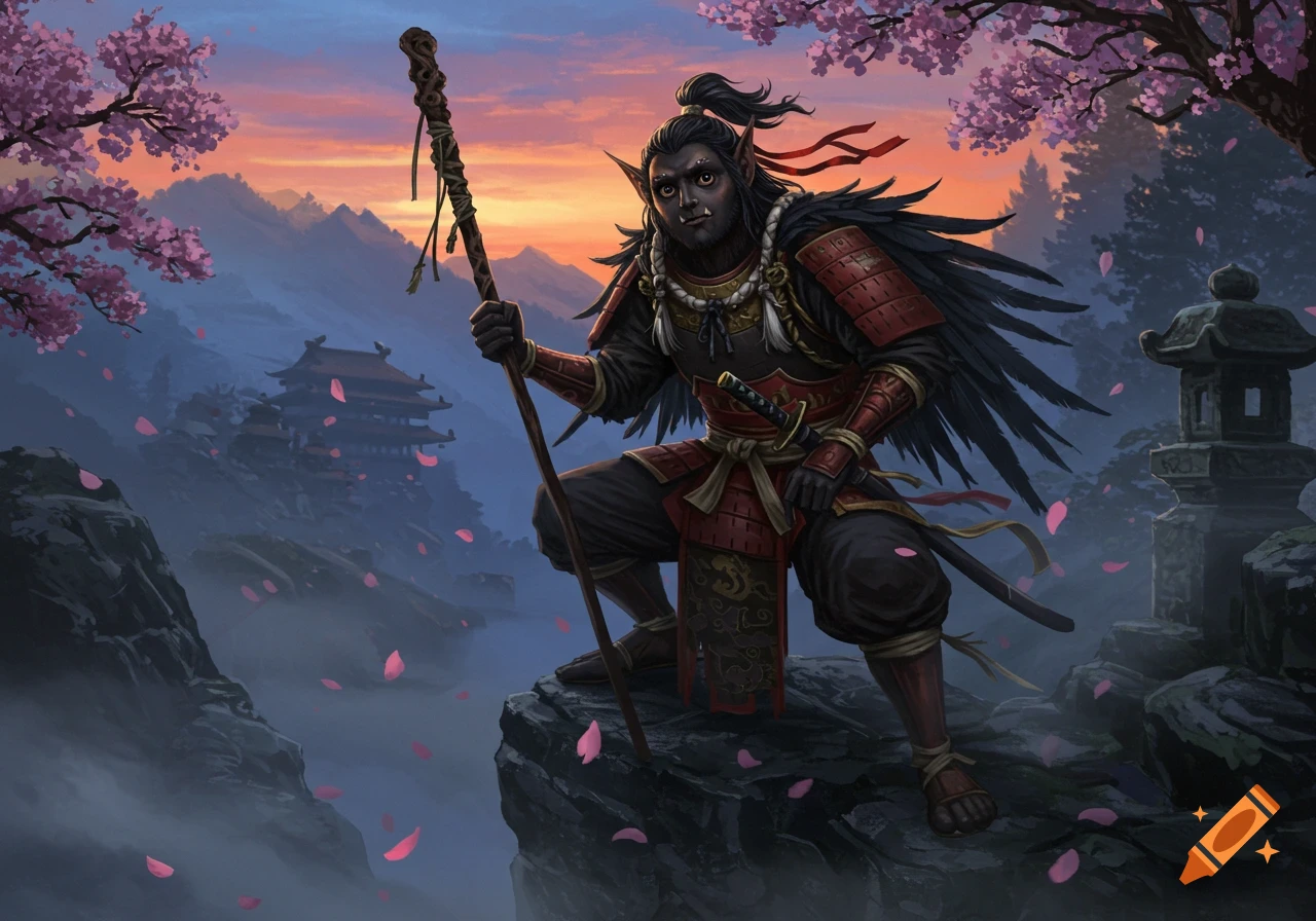 A Tengu-like warrior in samurai armor crouches on a rock with a staff, overlooking a misty mountain temple at sunset.