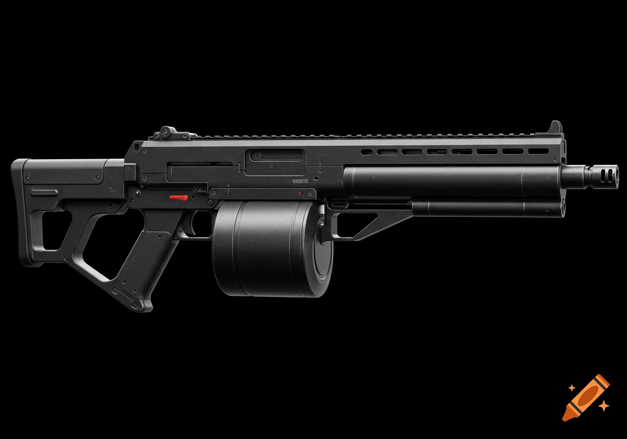 A full jet black futuristic Milkor grenade launcher against a black background.