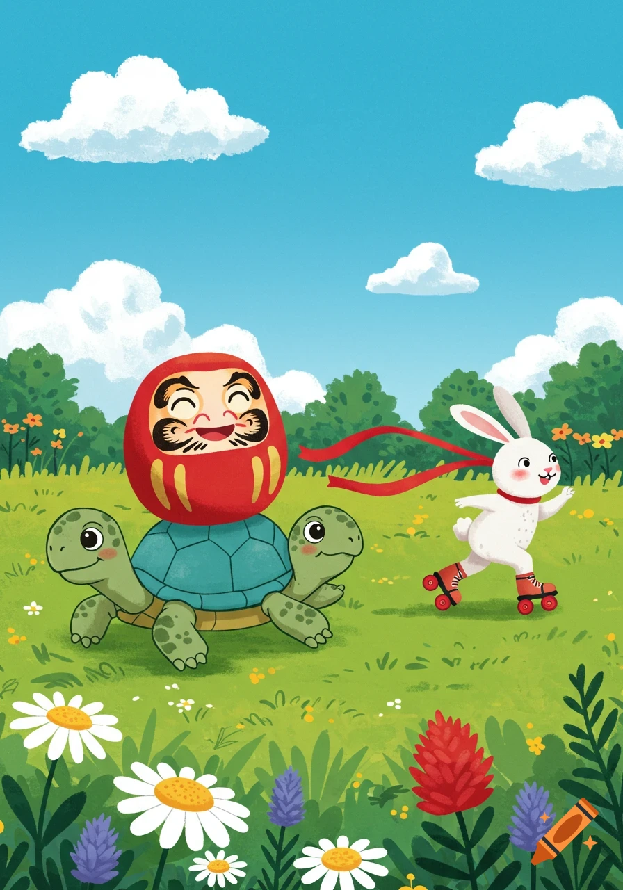 Cartoon Daruma doll on a two-headed turtle races a roller-skating white rabbit in a sunny green field.