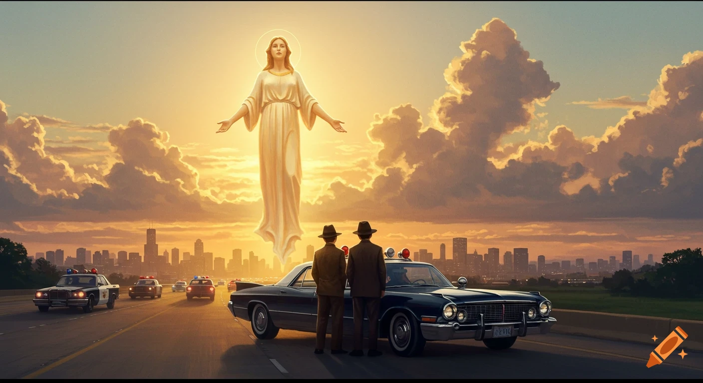 A glowing religious figure floats above two men looking at her next to a classic car on a highway, with police cars and a city skyline in the background.