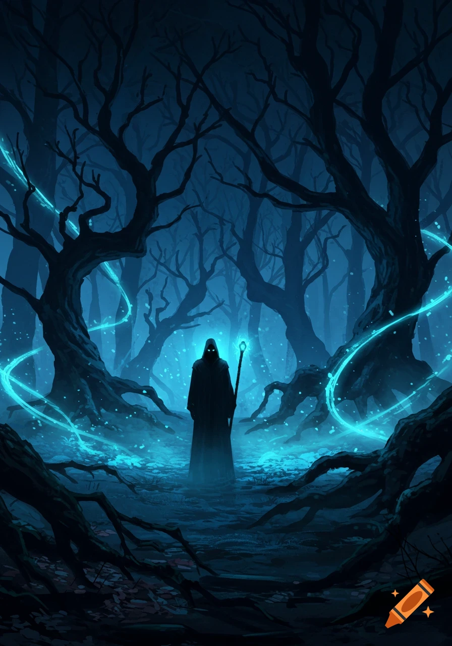 A dark cloaked figure with glowing eyes holds a staff in a gnarled, dark forest with glowing blue mystical energy.