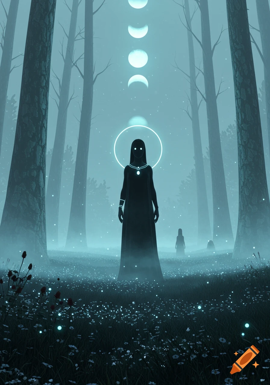 A mystical, dark figure with glowing eyes and halo stands in an ethereal, foggy forest. Moon phases align above the figure.