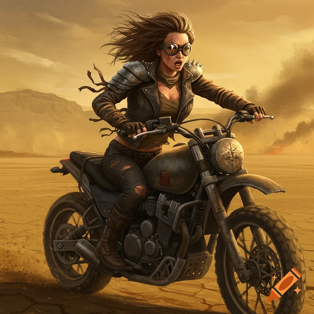 A fierce woman in goggles and leather jacket rides a rugged motorcycle through a dusty, post-apocalyptic desert.