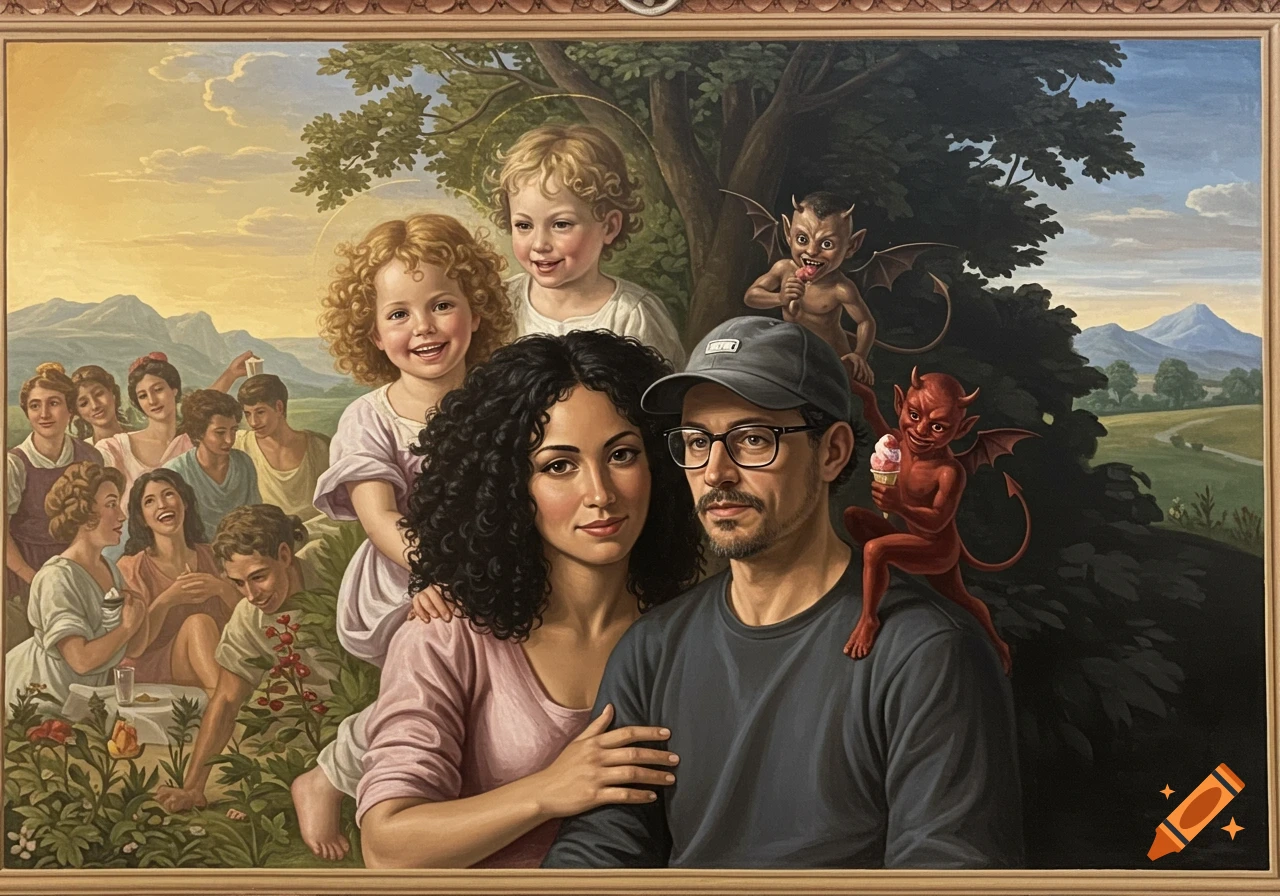 Italian fresco painting of a family with children. Left side: joyful people in sunshine. Right side: a man with small demons.